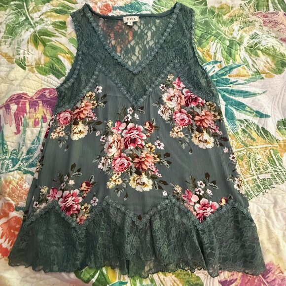 🆕POL Floral Lace Short Sleeve Tunic Green Size Small - Picture 6 of 12